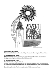 Abb. des Ankündigungsflyers für die Adventkonzerte. Zu sehen ist eine strichgrafik der Pfarrkirche St. Nikolaus zu Emmersdorf mit einem Weihnachtsstern im Hintergrund.