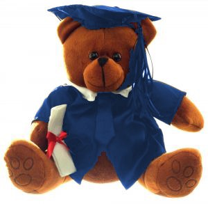 Abb. eines Teddybären nach dem Redaktionstraining mit Doktorhut am Kopf und Diplom in der Hand.
