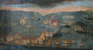 Abb. eines Ausschnittes eines historischen Gemäldes, das Emmersdorf um 1670 von der Donau aus betrachtet darstellt.