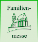 Abb. der Pfarrkirche als Grafik. ober- und unterhalb der Schriftzug "Familienmesse".