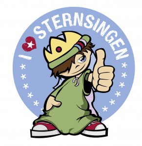 Logo der Sternsinger-Aktion in Comic-Form.Ein Kind, als König verkleidet, wendet den Daumen der linken Hand nach oben. Darüber der Titel: "I love Sternsingen".