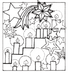 Handgezeichnete Grafik mit Kerzen auf einer Stiege, einem Weihnachtsstern und weiteren klleinen Sternen. Quadratform.